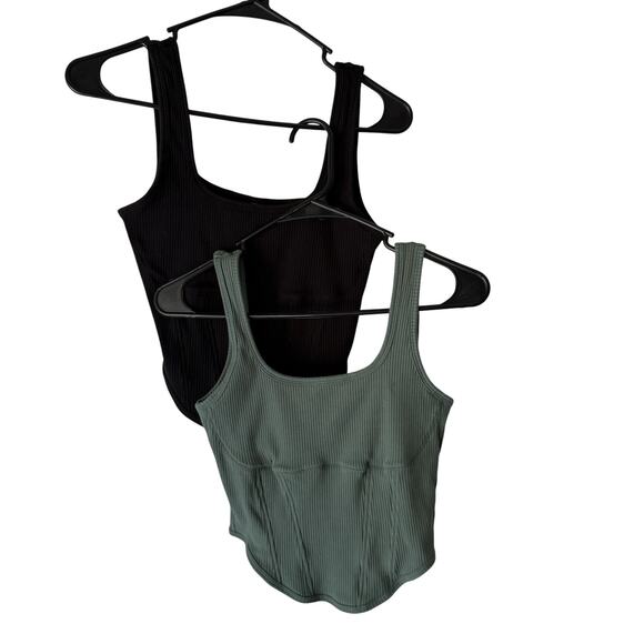 PINK Victorias Secret Tank Top Set Of 2 Large Black Green Ribbed Fitted Y2k Cute - Picture 1 of 10